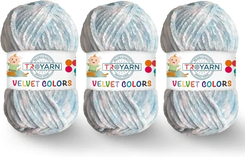 Miniatura 12 de TROYARN Hilo de lana de terciopelo en colores (paquete de 3 madejas) Chenille para manta Amigurumi, hilo para crochet y punto súper voluminoso 3x100