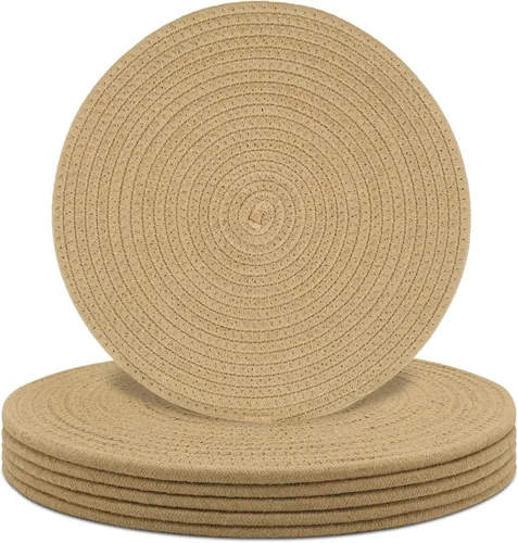 Miniatura 10 de Juego de 6 manteles individuales redondos, alfombrillas de mesa tejidas con cuerda de algodón, almohadillas calientes para cocina, antideslizantes