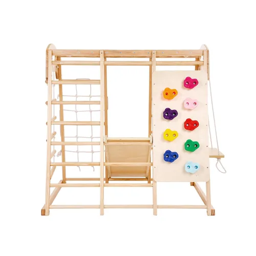 Miniatura 12 de VEVOR Gimnasio interior de la selva, parque infantil 7 en 1, 47.2 x 58 x 56 pulgadas, con escalera de madera y cuerda, escalera de red, columpio