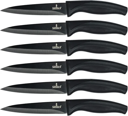 Miniatura 12 de SiliSlick Juego de cuchillos para carne de acero inoxidable, cuchillos de cocina coloridos con revestimiento de titanio con borde recto, suave