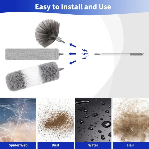 Miniatura 3 de Plumero de telaraña con poste de extensión de 30 a 100 pulgadas (acero inoxidable), plumero de microfibra para limpieza, plegable y lavable, se
