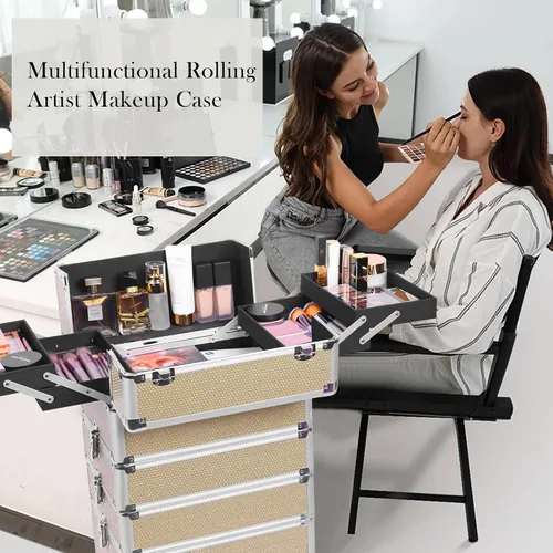Miniatura 7 de Estuche de maquillaje profesional con ruedas, estuche de tren de maquillaje 5 en 1, carrito de maquillaje cosmético, estuche de cosmetología