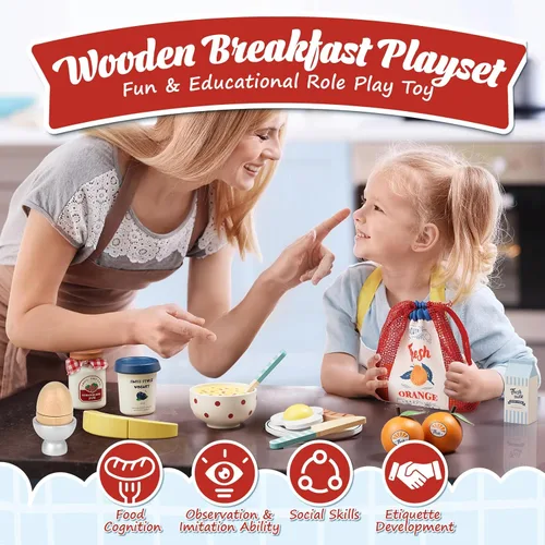 Miniatura 3 de Lehoo Castle Juego de comida de madera para jugar, pan de huevo de fruta Montessori, juguetes educativos para niños de 3 a 5 años, con bolsa
