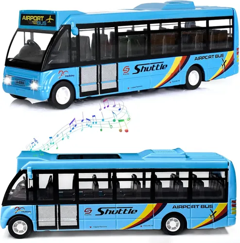 Crelloci Autos de juguete de autobús urbano, autos de aeropuerto de metal fundido a presión para niños de 3 a 8 años de edad, vehículo de juego azul