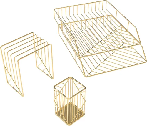 U Brands Kit de organización de escritorio de metal, colección Vena, taza, clasificación y 2 bandejas incluidas, dorado (3940U00-01)