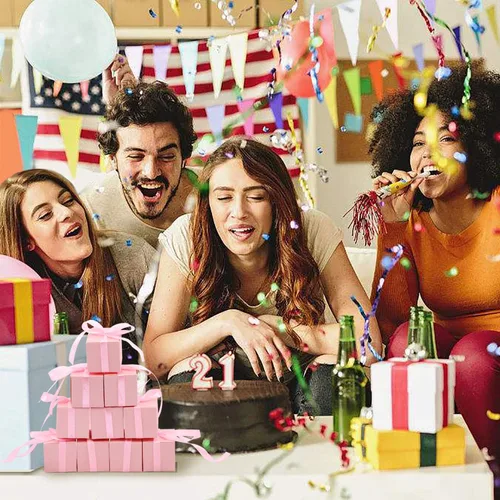 Miniatura 4 de KPOSIYA - 70 Cajas para recuerdos, 2x2x2 pulgadas, cajas de dulces rosas con lazos para decoraciones de boda, baby shower, suministros para fiestas