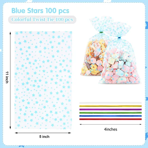 Miniatura 2 de 100 piezas de bolsas de celofán para regalos, 5 x 11 pulgadas, bolsas de celofán transparentes azules con estrellas, para envolver regalos