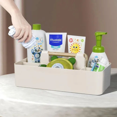 Miniatura 4 de Organizador de plástico para baby shower, organizador portátil de almacenamiento para niños/niños, cesta dividida con mango de madera para baño