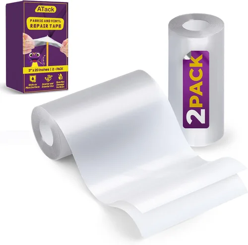 ATack Cinta de reparación de desgarros de tela y vinilo, transparente, 3 x 20 pulgadas (2 juegos), kit de parches de reparación de vinilo