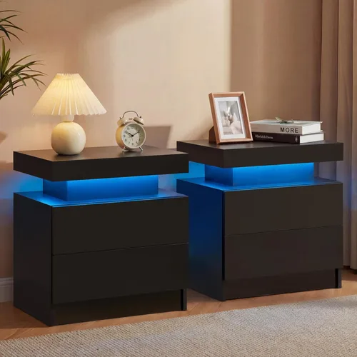 Generic Juego de 2 Mesitas de noche con 2 cajones, mesa de noche con cajones para muebles de dormitorio, mesa auxiliar con luz LED, color negro