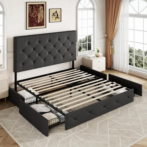 Miniatura 8 de Allewie - Base de cama con plataforma de tamaño Queen, tapizada, con 4 cajones de almacenamiento y cabecera, botones cosidos en forma de diamante