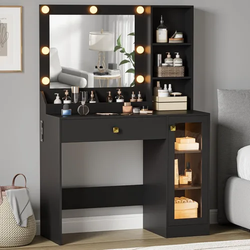 Miniatura 12 de BORNOON Escritorio de tocador con espejo y luces, pequeño escritorio de maquillaje con estación de carga, mesa de tocador de dormitorio con cajones