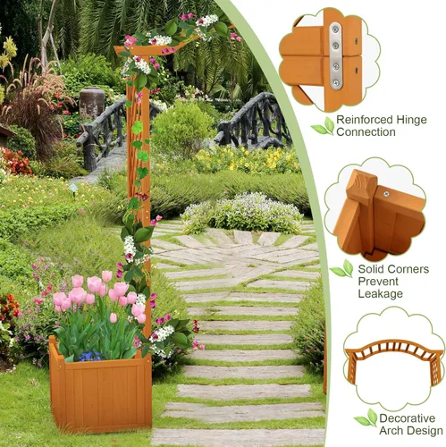 Miniatura 6 de Giantex Pérgola de Jardín con Maceta, Arco de Plantador de Madera con Enrejado, Arco Exterior para Plantas Trepadoras, Vegetales, Hierbas, Blanco