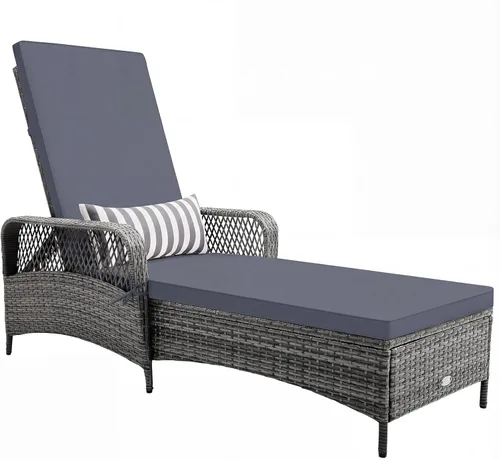 Miniatura 14 de HAPPYGRILL Sillón reclinable de ratán de polietileno para exteriores, tumbona para patio con almohada de cintura extra, silla reclinable con 6 Marrón