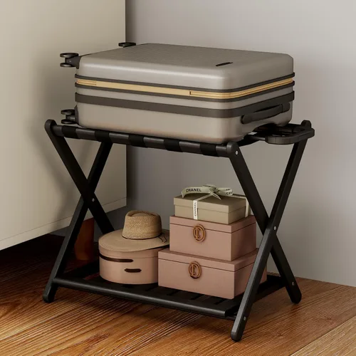 Miniatura 9 de oakvivo Portaequipajes negro totalmente montado para habitación de invitados, soporte plegable de bambú para maleta con 5 correas de nailon, soporte
