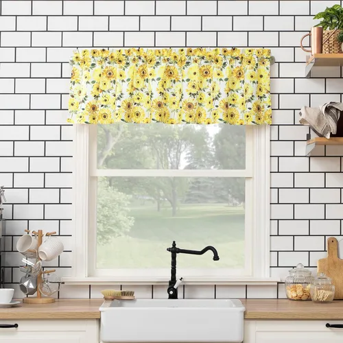 Miniatura 7 de No. 918 Sunbeam, cortina de cocina con diseño de girasoles y cenefas, semitransparentes, con bolsillo para barra, set con volantes y niveles, 54 x