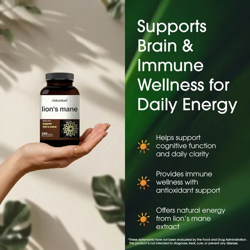 Miniatura 4 de NatureBell Melena de león - 240 cápsulas - Cuerpo fructífero orgánico y micelio - Soporte cerebral, inmunológico y energético* - Extracto de alta
