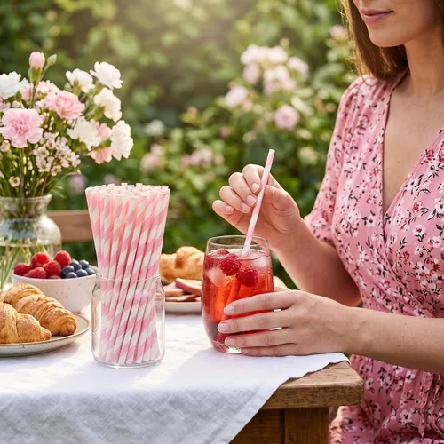 Miniatura 6 de PakTalk Paquete de 100 pajitas de papel rosa bebé para beber, desechables y biodegradables para cumpleaños, bodas, baby showers