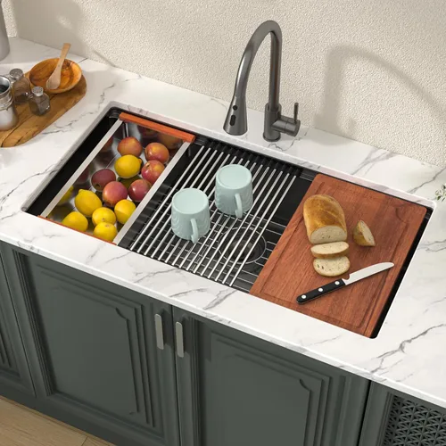 Miniatura 37 de Lordear Fregadero de cocina de montaje inferior de 23 pulgadas, estación de trabajo, fregadero de cocina de acero inoxidable calibre 16, cuenco