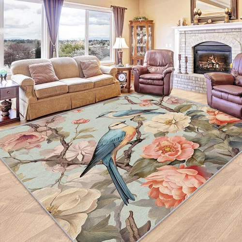 Bird Flower Rugs for Bedroom 5x7 - Retro Floral Carpet for Living Room, 70s Rustic Washable Area Rug & Home Decor, Soft Low Pile Non Slip Indoor