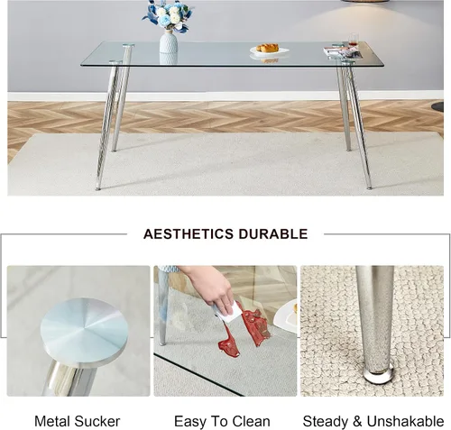 Miniatura 5 de A 71"x35.4" Heat Resistant Clear Tempered Glass Dining Table with Silver Metal Legs