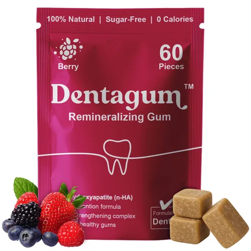 Dentagum Goma de mascar remineralizante con nano-hidroxiapatita y xilitol - Goma de mascar de bayas sin azúcar para reparación de esmalte,