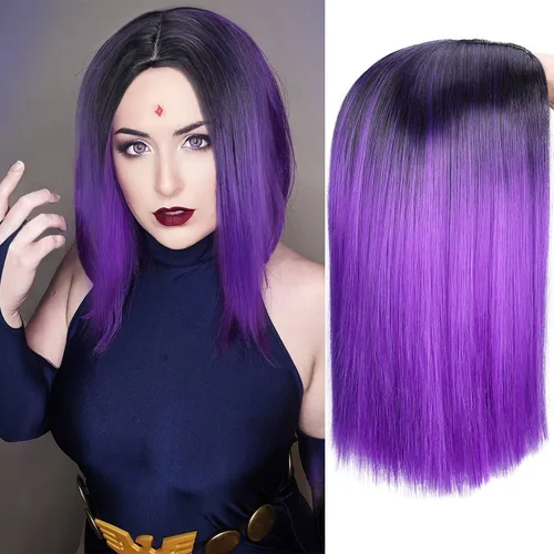 Miniatura 11 de Pelucas largas, rizadas y onduladas, en color morado degradado, de pelo sintético, resistentes al calor, 2 tonos, raíces oscuras, para mujeres