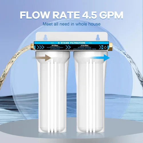 Miniatura 4 de Sistema de filtro de agua doble para RV, sistema de filtración de agua de 4 capas y 2 etapas, elimina sedimentos, cloro, metales pesados, olores