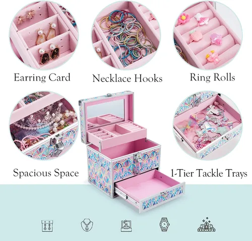 Miniatura 3 de Hododou Joyero organizador para niñas con cajón y espejo, estilo cola de sirena, estuche de almacenamiento con cerradura para niños o niñas