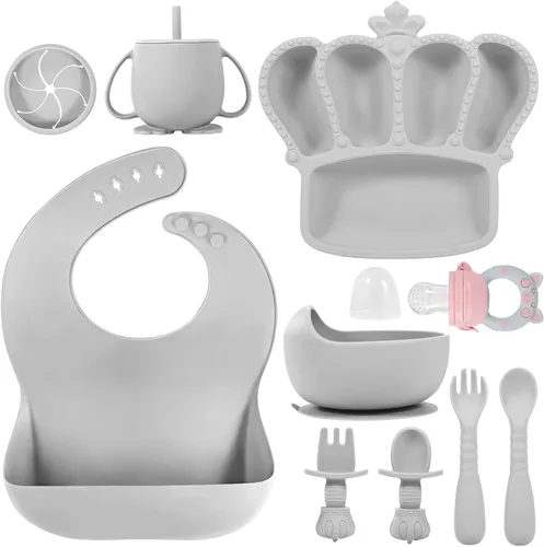 Miniatura 9 de Juego de alimentación para bebés de silicona 10 piezas Suministros de destete con luz LED para bebés Cuenco con ventosa Plato dividido Baberos