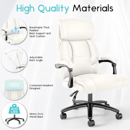 Miniatura 6 de Ollega - Silla de oficina ejecutiva reclinable grande y alta, 400 libras, cuero, color blanco Breathable waterproof desk chair for home office