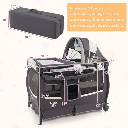Miniatura 6 de BABY JOY 4 en 1 Pack and Play, corralito portátil para bebé con moisés y mesa de cambio abatible, toldo, centro de actividades de moisés para bebés