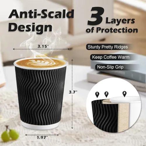 Miniatura 2 de Lamosi Tazas de café desechables 8 oz Paquete de 100, Tazas de café de papel 8 oz para bebidas calientes o frías, Taza de pared ondulada aislada