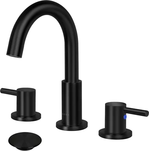 Miniatura 16 de SOKA Grifo de baño central de dos asas para fregadero de acero inoxidable de arco alto con placa de cubierta y montaje de drenaje desplegable