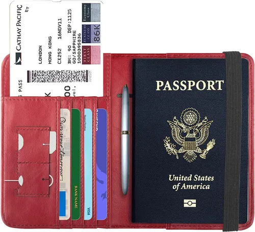 Miniatura 2 de Funda para pasaporte, cartera de viaje con bloqueo RFID de alta calidad, cuero vegano genuino, Rojo