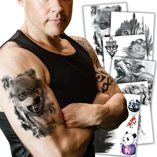 Kotbs 6 hojas de tatuajes temporales de animales, negro fuerte lobo tigre, calcomanías de tatuaje para hombres, mujeres y adultos, tatuajes falsos