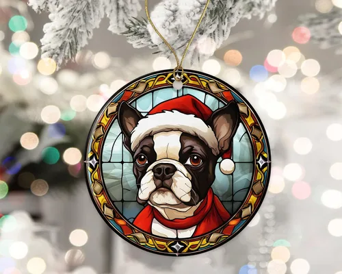 Miniatura 2 de Boston Terrier - Adorno de cerámica de vitral de Navidad, adorno colgante para árbol de Navidad, adorno de vitral de perro, adorno religioso