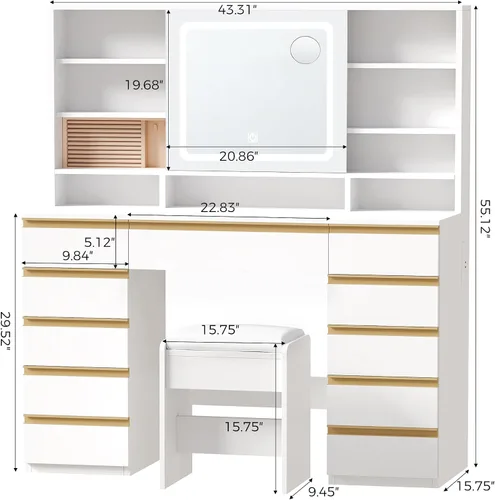 Miniatura 5 de ANWBROAD Escritorio de tocador con espejo deslizante y luces, juego de tocador grande de maquillaje con almacenamiento de joyas, 11 cajones, 6