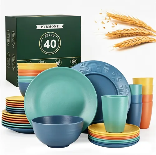 Miniatura 12 de Juego de vajilla de paja de trigo de 28 piezas, apto para microondas y lavavajillas, juego de vajilla irrompible, juego de vajilla reutilizable