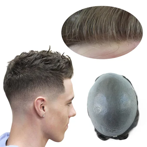 Miniatura 16 de Super Natural Mens Hair Piece 100 Cabello humano indetectable Mens Toupee Hair Systems Ultra Thin Skin V Looped Hair #10R WXL=8X10