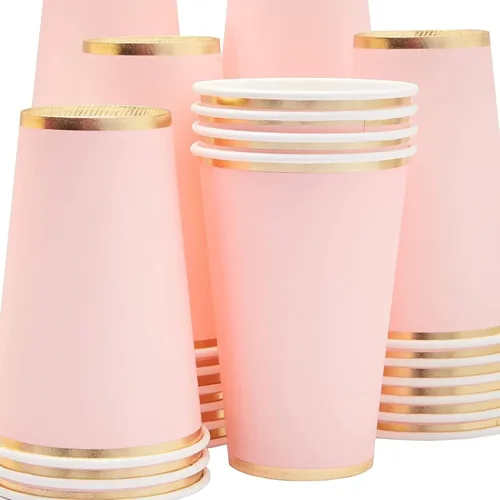 Miniatura 4 de Juvale Vasos de fiesta rosados, 12 onzas, paquete de 50, rosa claro y dorado, vasos de papel desechables para bebidas calientes y frías, para novia