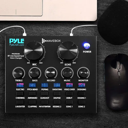 Miniatura 7 de Pyle Mini mezclador de podcast de audio Bluetooth - Transmisión en vivo para computadora de PC, iPhone, cambiador de voz, tarjeta de sonido V8