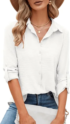 Miniatura 77 de Odosalii - Camisas con botones para mujer, con cuello en V, manga larga, enrolladas, blusas elegantes y formales para negocios y ocasiones casuales