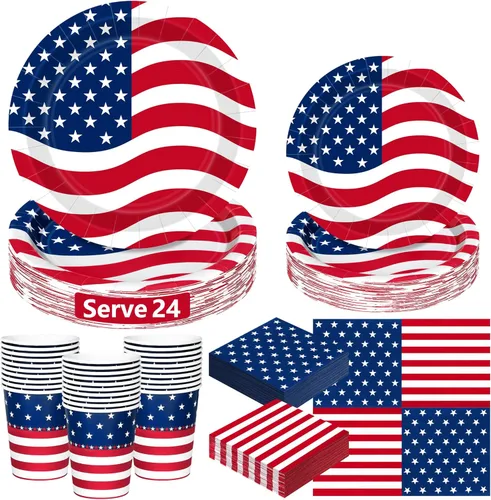 96 Pcs 4th of July Party Supplies Set, American Flag Patriotic Plates Napkins Cups, Disposable Red White Blue Star and Striped Dinnerware USA Flag