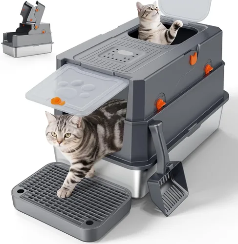 Miniatura 12 de FURTIME Caja de arena de acero inoxidable con tapa, caja de arena cerrada extragrande para gatos grandes, caja de metal para gatos con caja de alta