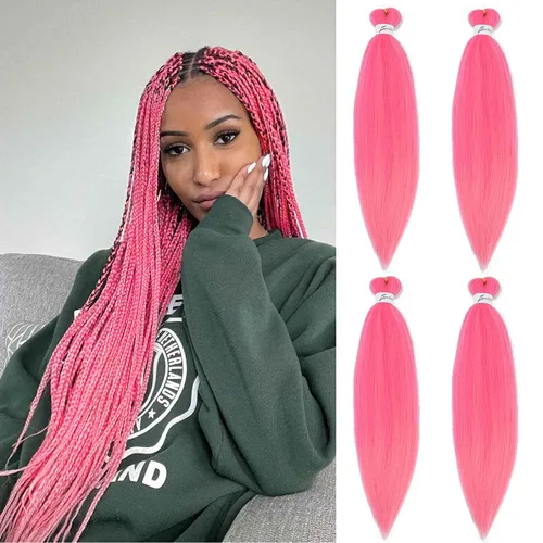 Miniatura 21 de SOKU - Cabello trenzado rojo preestirado de 24" de largo, 4 paquetes de fibra sintética trenzada con ganchillo, textura suave Yaki recta 4 paquetes