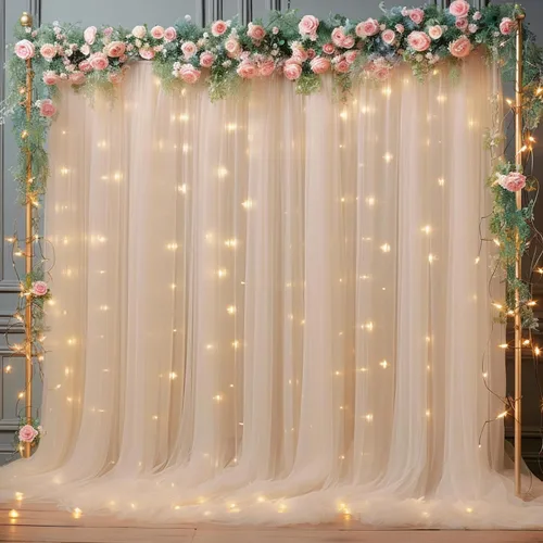 Miniatura 21 de Cortina de telón de fondo de tul azul bebé de 10 x 8 pies con cadena de luces para fiestas, cortinas de fondo transparentes para bodas, baby shower