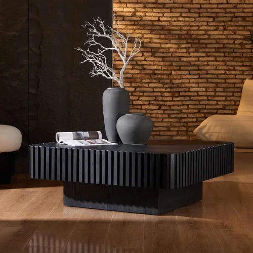 Mesa de Centro Cuadrada de 35.43'' para Sala de Estar Mesa de Centro Acanalada Mesa Central Moderna con Pedestal para Apartamento Negro