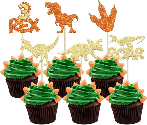 Miniatura 17 de Gyufise 24 piezas de adornos de dinosaurios con purpurina azul 3 Rex Roar Dinosaur Cupcake Picks Three Years Old Dino Theme Baby Shower 3er Birthday