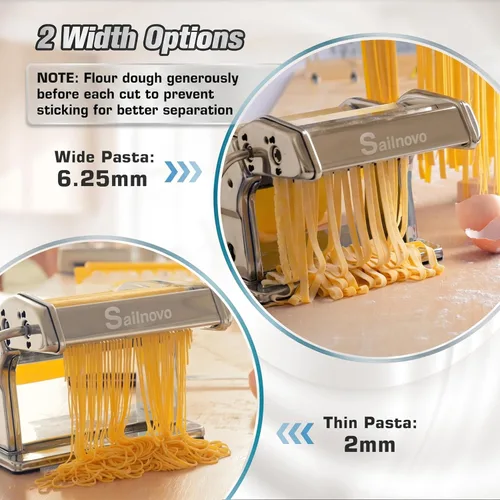 Miniatura 4 de Sailnovo Máquina para hacer pasta, máquina para hacer pasta de rodillo 180, 9 ajustes de grosor ajustables, máquina de fideos 2 en 1 con rodillos